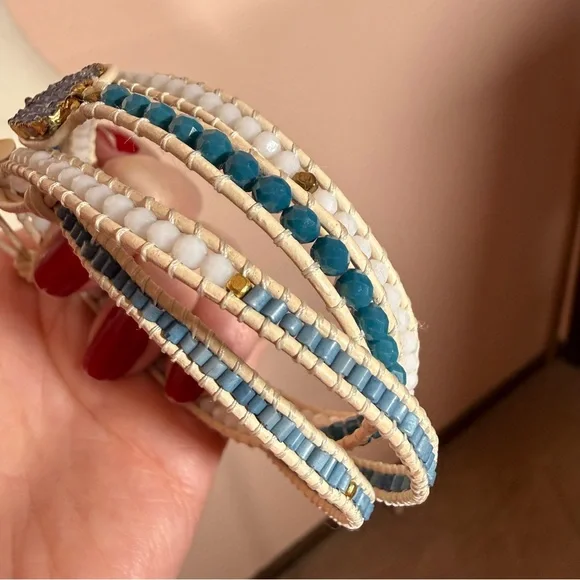 Nakamol blue white Raw gemstone boho Mediterranean long Wrap bracelet - Picture 5 of 15